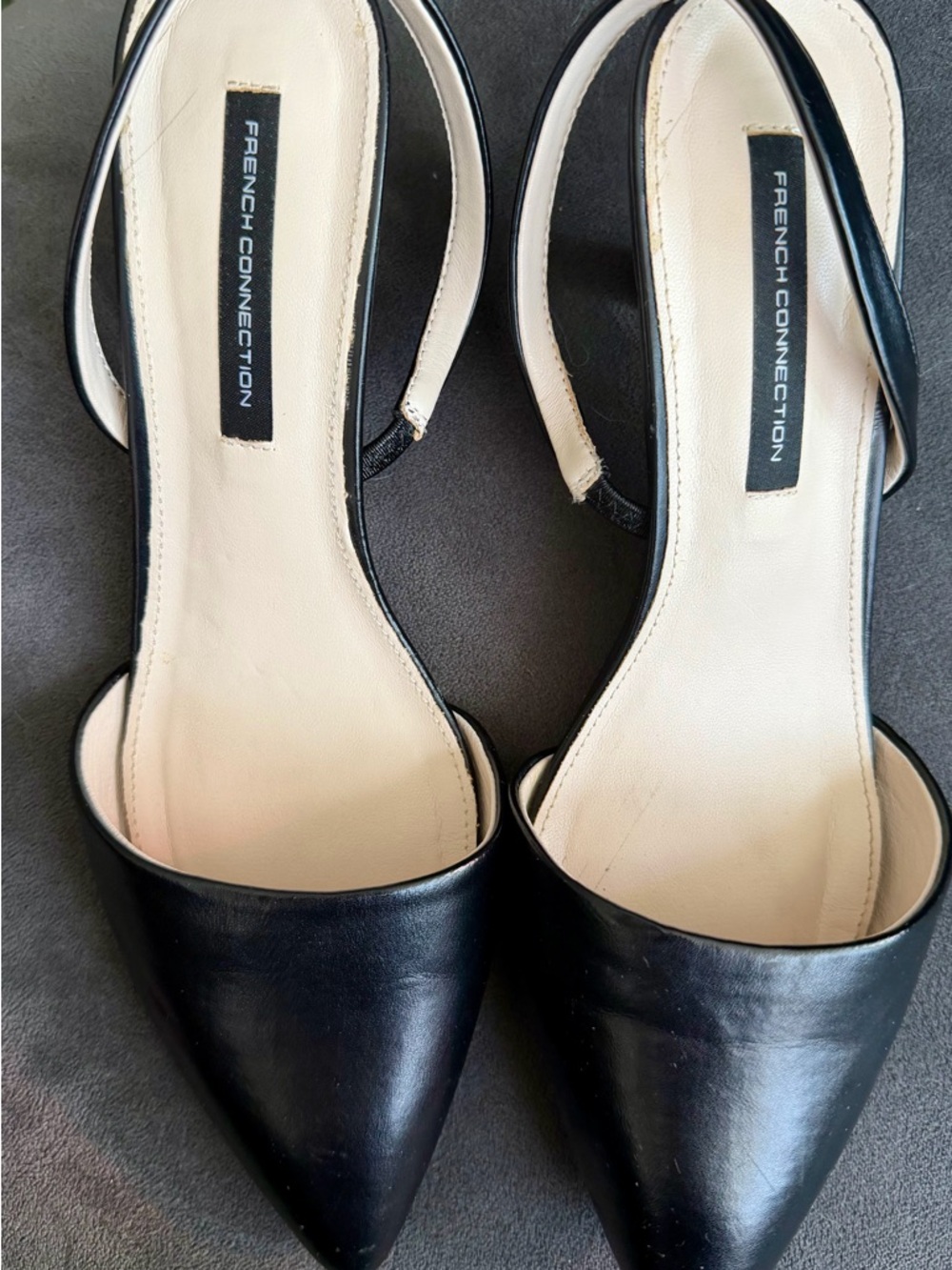 LIKE NEW French Connection Leather Black Kitten Heels Pointed Toe Slingback 9.5